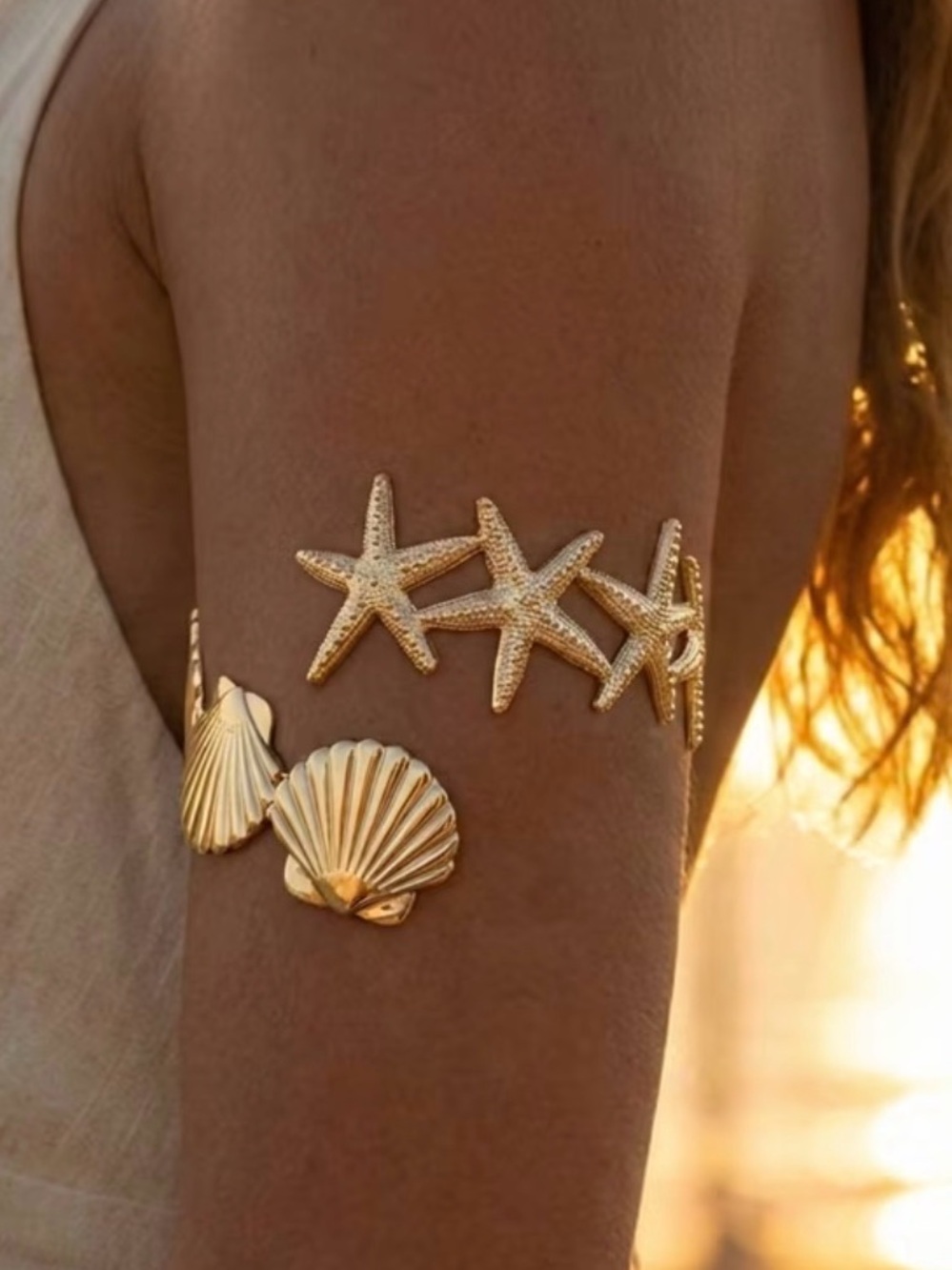 Gold Starfish & Seashell Arm Cuff Bracelet